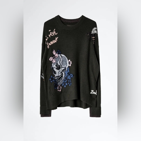 ZADIG & VOLTAIRE Dark Green Skull Embroidered Sweater - Picture 2 of 8
